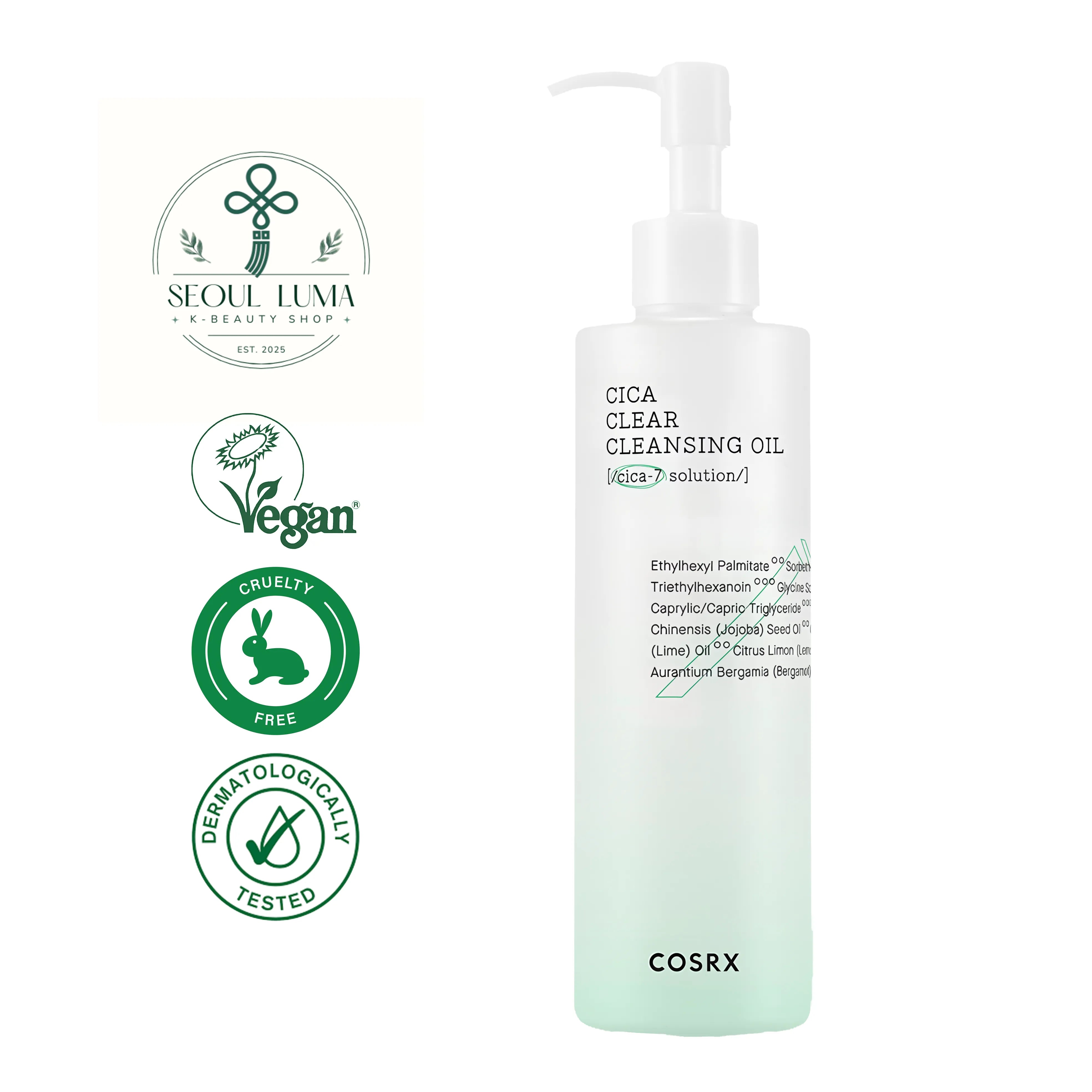 COSRX Pure Fit Cica Clear Cleansing Oil 200ml - Lightweight plant-based cleansing oil with CICA-7 Complex for gentle makeup removal and pore cleansing